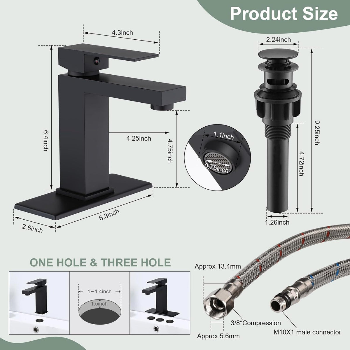 Matte Black Bathroom Faucet Single Handle Bathroom Vessel Sink Faucet 1 Hole Modern Stainless Steel Vanity Faucet for Bathroom Sink with Pop Up Drain Stopper & Water Supply Hoses