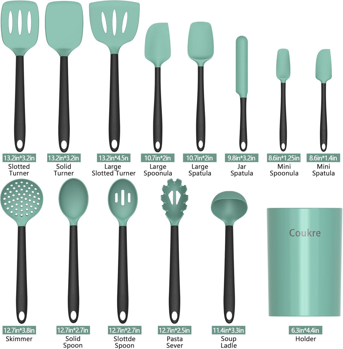Coukre Silicone Kitchen Cooking Utensils Set with Holder – Heat-Resistant, Food-Grade Kitchen Tools, Spatula, Spoon & Gadgets for Non-Stick Pans, Dishwasher Safe (14, AquaGreen)