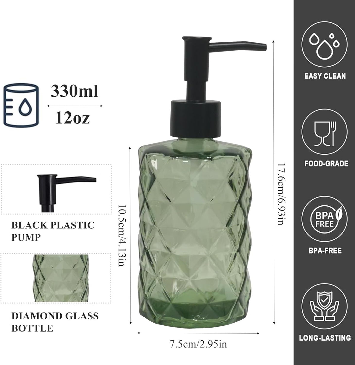 12Oz Small Glass Soap Dispenser with Black Plastic Pump, Green Refillable Kitchen Countertop Liquid Hand Soap Dispensers with Diamond Design, Crystal Bathroom Lotion Bottle for Dispense Dish Soap