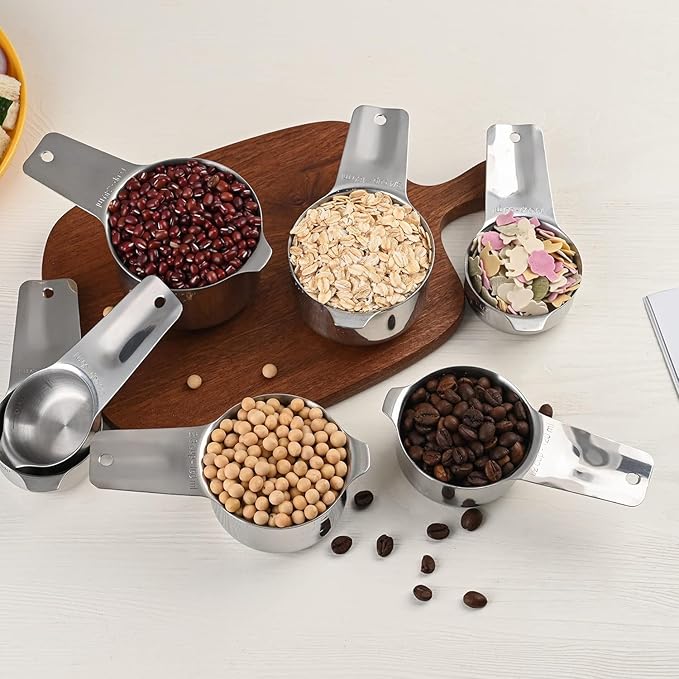 Measuring Cups Set 7, 18/8 Stainless Steel Measuring Cups for Kitchen & Baking, Metric & US Measure Cups for Dry and Liquid, Metal Measuring Tools with 1/8, 1/4, 1/3, 2/3, 3/4 Measure Cups