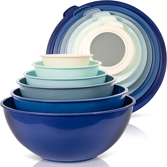 WHYSKO Mixing Bowl Set, 12 Piece Colorful Plastic Mixing Bowls with Lids Set for Food Prep Storage and Serving, Microwave and Dishwasher Safe for Kitchen Baking Cooking
