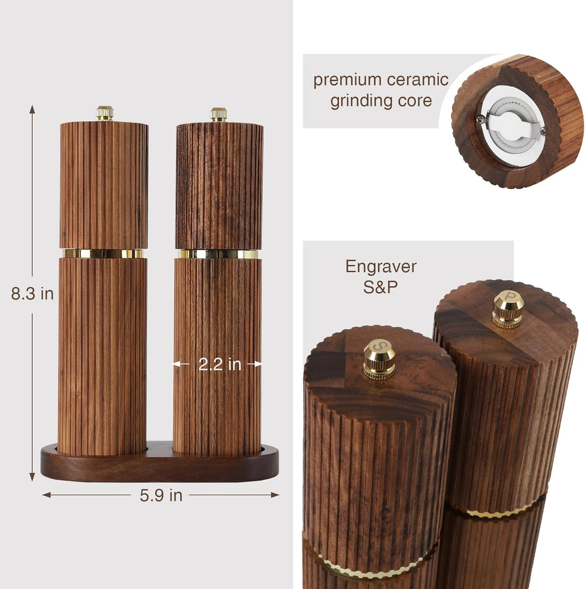 Wooden Salt and Pepper Grinder Set, Refillable Salt and Pepper grinder with adjustable Coarseness, Acacia Wood pepper mill manual, Salt and Pepper Shakers Matching Wooden tray-Ideal for Gifting