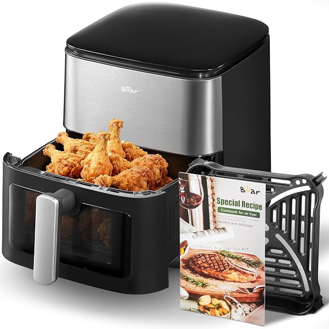 Bear 6.3QT Air Fryer with Smart Color Touchscreen, 4D Turbo Crisp Technology, See-Through Window & Steam Function for Juicy Results, 1600W, Dishwasher Safe Basket