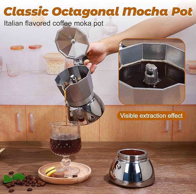 No Coating 6 Cup Aluminum and Stainless Steel Moka Pot Stovetop Espresso Maker Italian Coffee Machine 350ml 11.84oz Suitable for Gas Induction Stovetop Greca Coffee Maker Percolator Silver