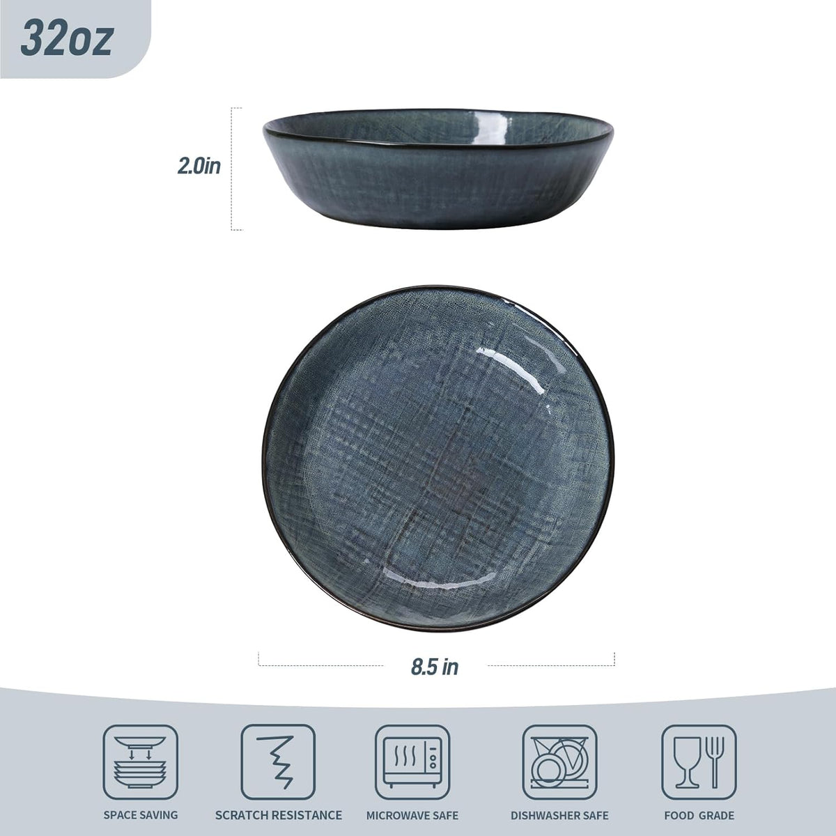 famiware Moonlight 8.5 Inch Pasta Bowls Set of 4, 32oz Serving Bowls for Kitchen, Soup Bowl with Linen Finish, Large Stoneware Bowls for Festivals, Housewarming, Dinnerware, Dark Blue