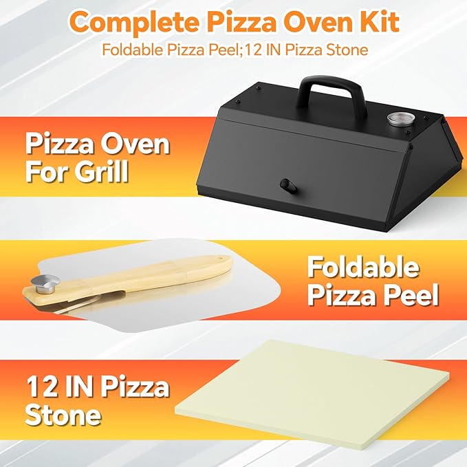 Pizza Oven for Grill, Grill Top Pizza Oven Kit with 12-inch Pizza Stone, Foldable Pizza Peel and Built-in Thermometer, Portable Outdoor Pizza Oven for Gas and Charcoal Grills