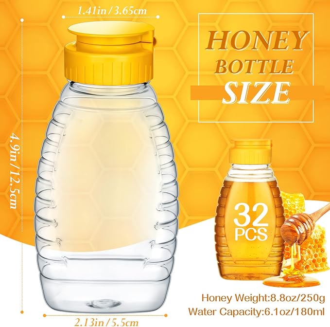 Eccliy 32 Pcs 8.8 oz Clear Plastic Honey Jar Empty Honey Bottles with Caps Refillable Containers Leakproof Squeeze Bottle Container Holder with Flip Lid for Storing(Yellow)