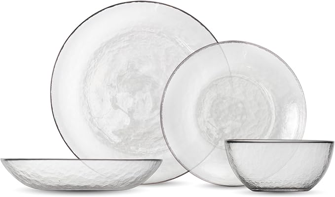 FORTESSA Los Cabos Tableware, 16-Piece Glass Dinnerware Set with 4 Dinner Plates, 4 Salad Plates, 4 Coupe Bowls and 4 Cereal Bowls, Dishwasher-Safe Glass Plate Set, Clear