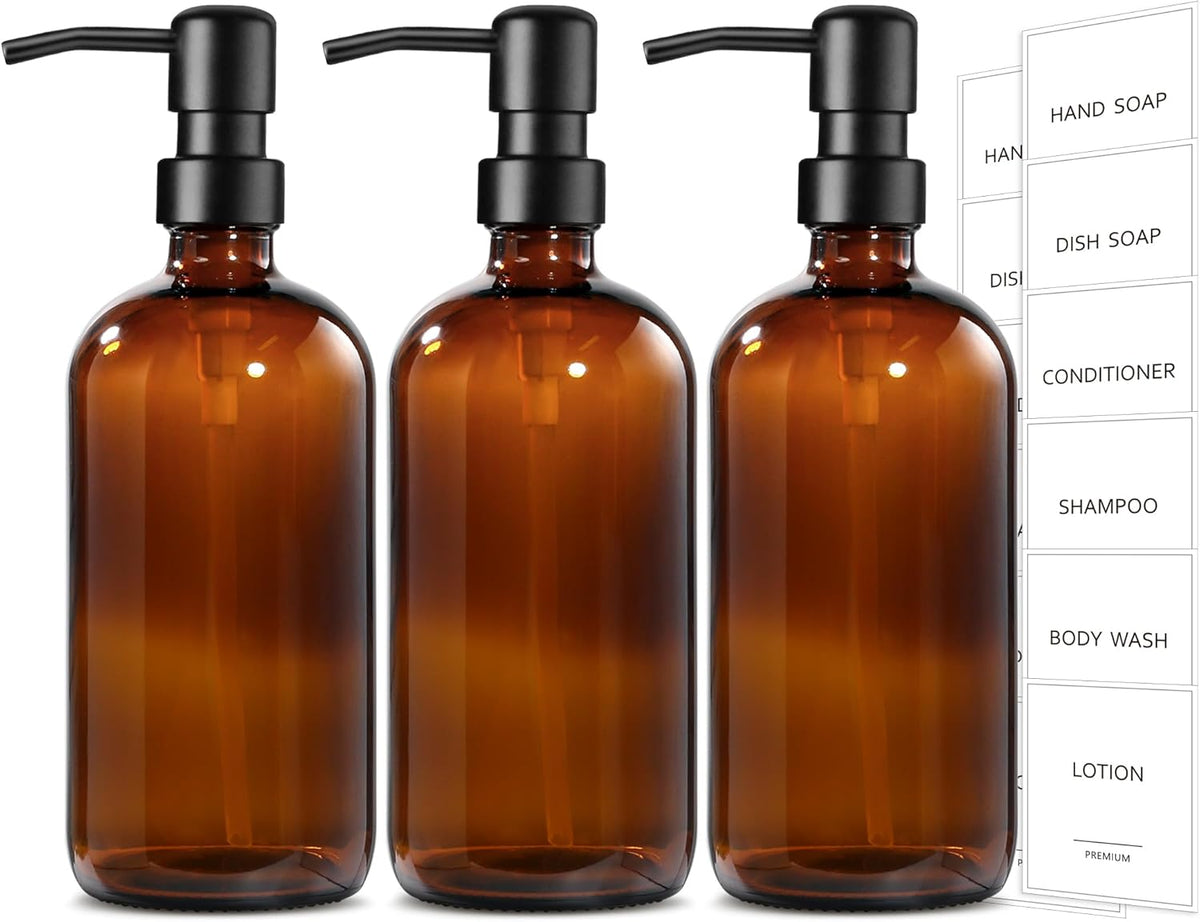 GMISUN Shampoo and Conditioner Dispenser, 3 Pack Amber Glass Bathroom Shampoo Conditioner Body Wash Dispenser with Pump for Shower, 17 Fl Oz Hand Soap Dish Soap and Lotion Dispenser Set for Kitchen