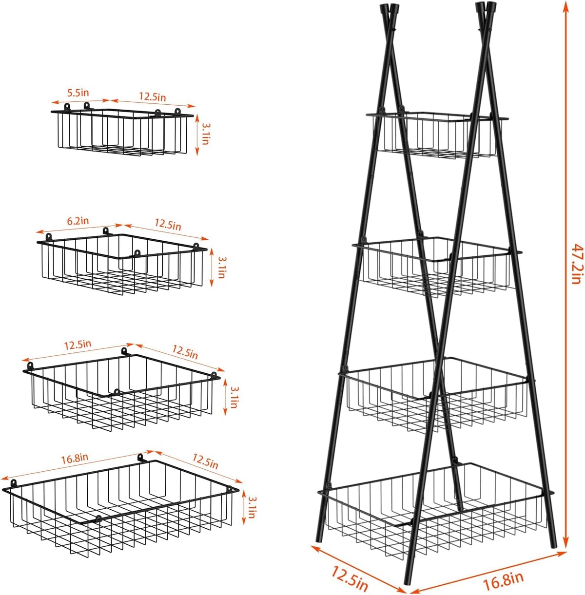 Wire Basket Stand for Kitchen and Bathroom 4 Tier Fruit Storage Basket Metal Floor Standing Vegetable Holder, Black