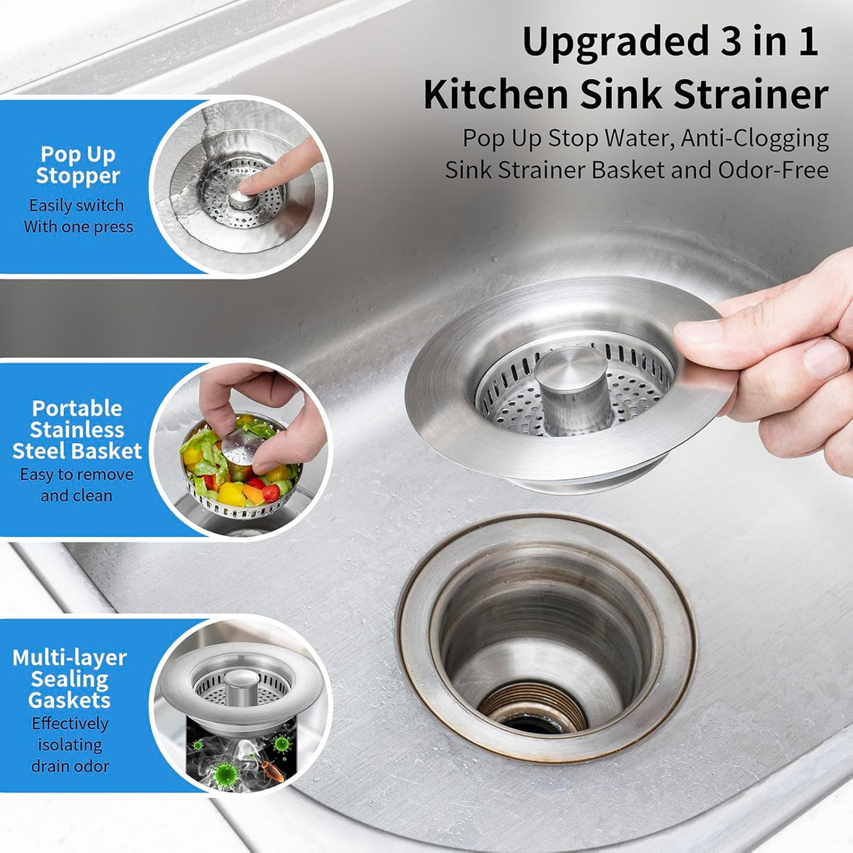 Upgraded 3 in 1 Kitchen Sink Drain Strainer - Stainless Steel Sink Stopper, Anti-Clogging Sink Food Catcher Basket, Fast Drainage Odor Filter Sink Plug for US Standard 3 1/2 inch Drain (Silver-1Pack)