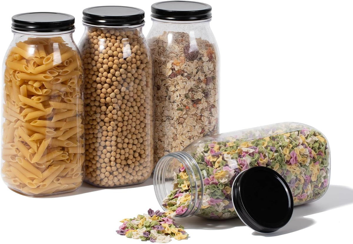 novelinks 64 oz Large Plastic Jars with Metal Lids - 4 Pack BPA-Free Clear Storage Containers for Pantry, Pickles, Sauces, Flour, Snacks - Leak-Proof Airtight Food Grade Jars for Kitchen (Black)