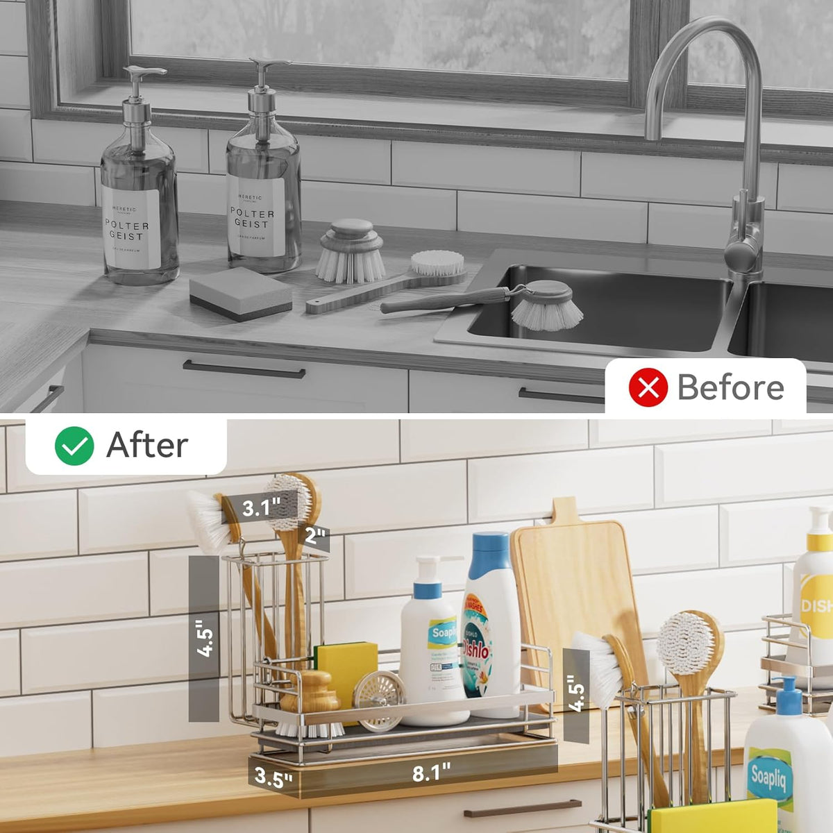 Yofidra Sink Caddy with Stone Drying Tray: Stainless Steel Soap Dispenser Kitchen Sink Organizer Set, Sponge Holder Counter Accessories Decor for Kitchen Organizers and Storage 8.1x3.5x4.5 in Sliver