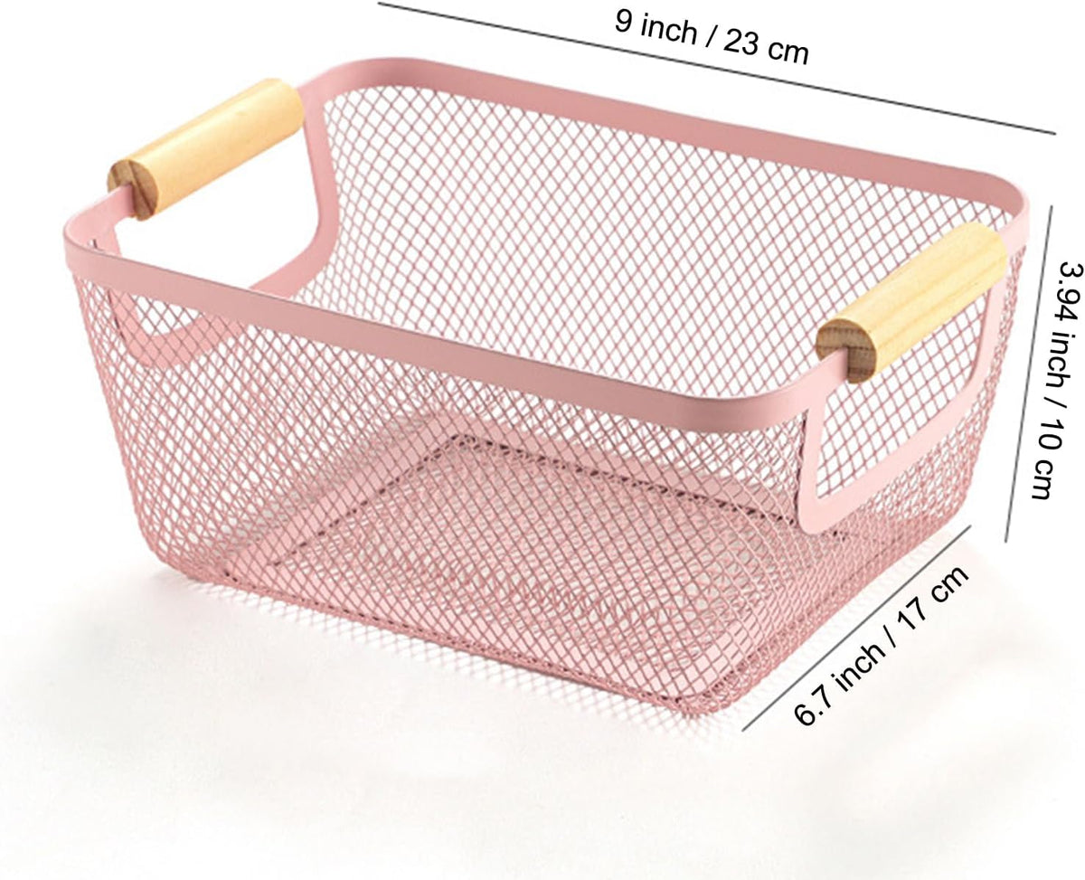 Metal Mesh Steel Basket, Small Wire Storage Organizer Baskets Multi-function Hanging Kitchen Basket with Wood Handle for Kitchen Bathroom Picnic Home, Rectangle-Pink
