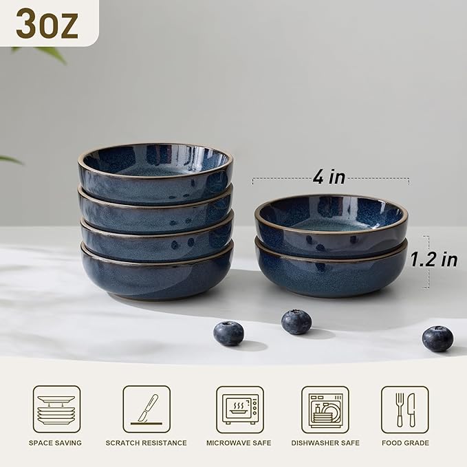 famiware Nature Ceramic Soy Sauce Dish, Dipping Bowls Set of 6, 3 oz Dipping Sauce Bowls/Dishes/Cups/Plates, Small Serving Bowls for Side Dishes, Condiments, Sushi, Appetizer, Dessert, Midnight Blue