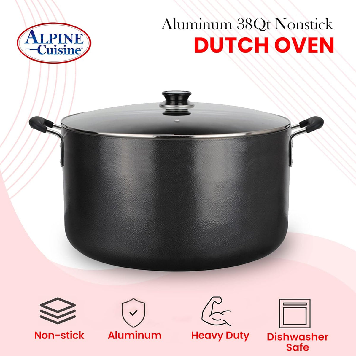 Alpine Cuisine 38 Quart Non-stick Stock Pot with Tempered Glass Lid and Carrying Handles, Multi-Purpose Cookware Aluminum Dutch Oven for Braising, Boiling, Stewing