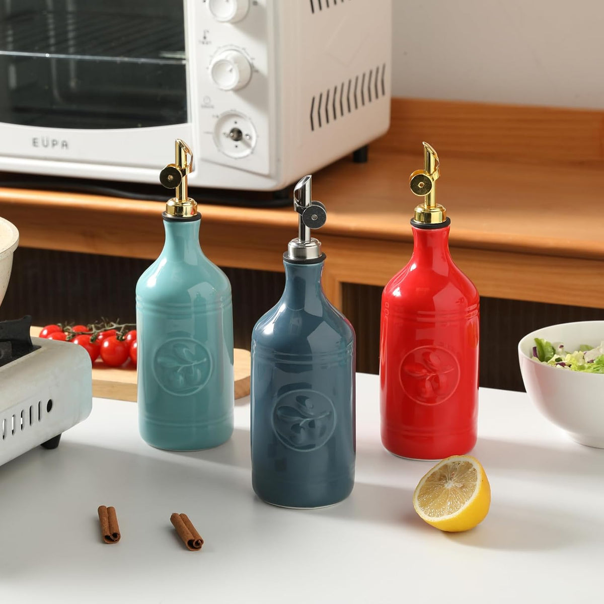 Sweejar 16 Oz Ceramic Olive Oil Dispenser Bottle, Oil Dispenser for Kitchen with Gravity Spout, Relief Opaque Oil Container for Evoo, Avocado Oil, Vinegar, Soy Sauce, 1 Pack(Fog Blue, Gold Spout)