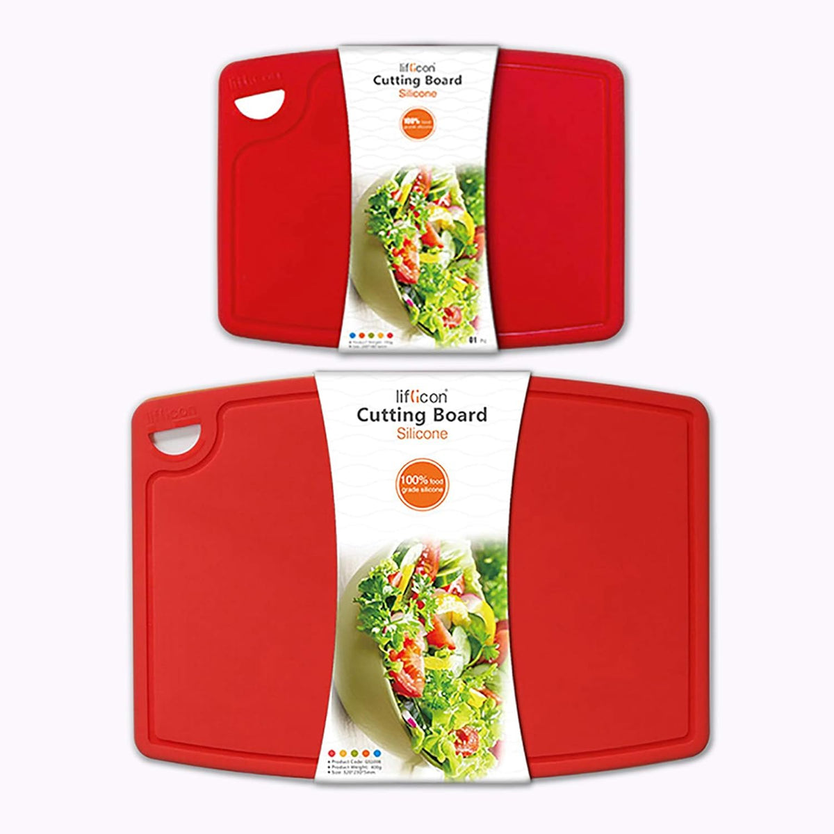 Thick Cutting Boards for Kitchen Silicone Chopping Board Set of 2 Mid 12.6'' x 9.1”,Mini 9.1”x7.1” Non-slip Deep Drip Juice Groove Easy Grip Handle,Dishwasher Safe-Red