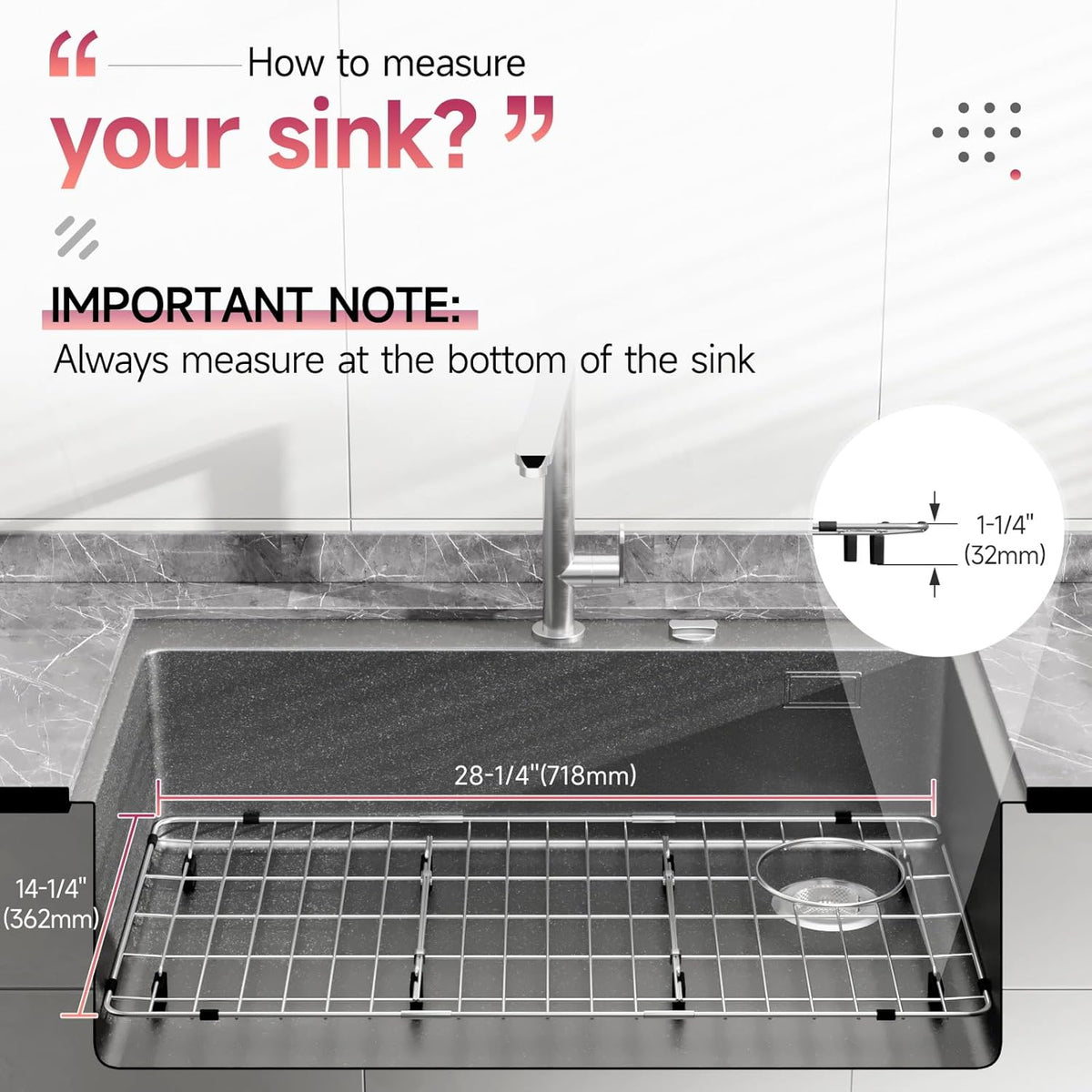 28-1/4" x 14-1/4" x 1-1/4" Stainless Steel Sink Rack for Bottom of Sink, Metal Sink Protectors For Kitchen Sink, Sink Grid, Sink Bottom Grid with Side Drain, Kitchen Sink Grid with Sink Strainer