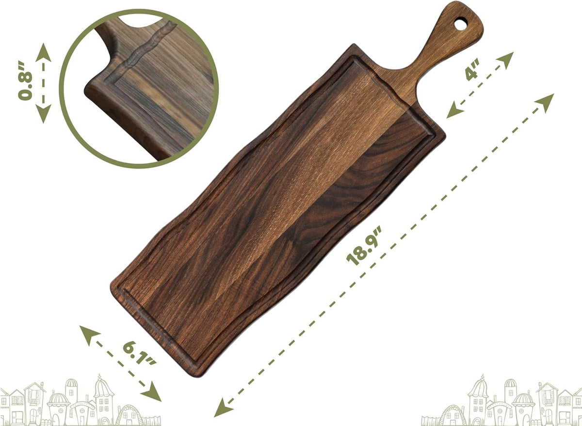 Elegant American Black Walnut Wood Long Serving Board with Handle - Charcuterie Wooden Board - Stylish Versatility for Culinary Delights - Reversible with Juice Groove - 19x6x0.8 in - Woodie Poppins