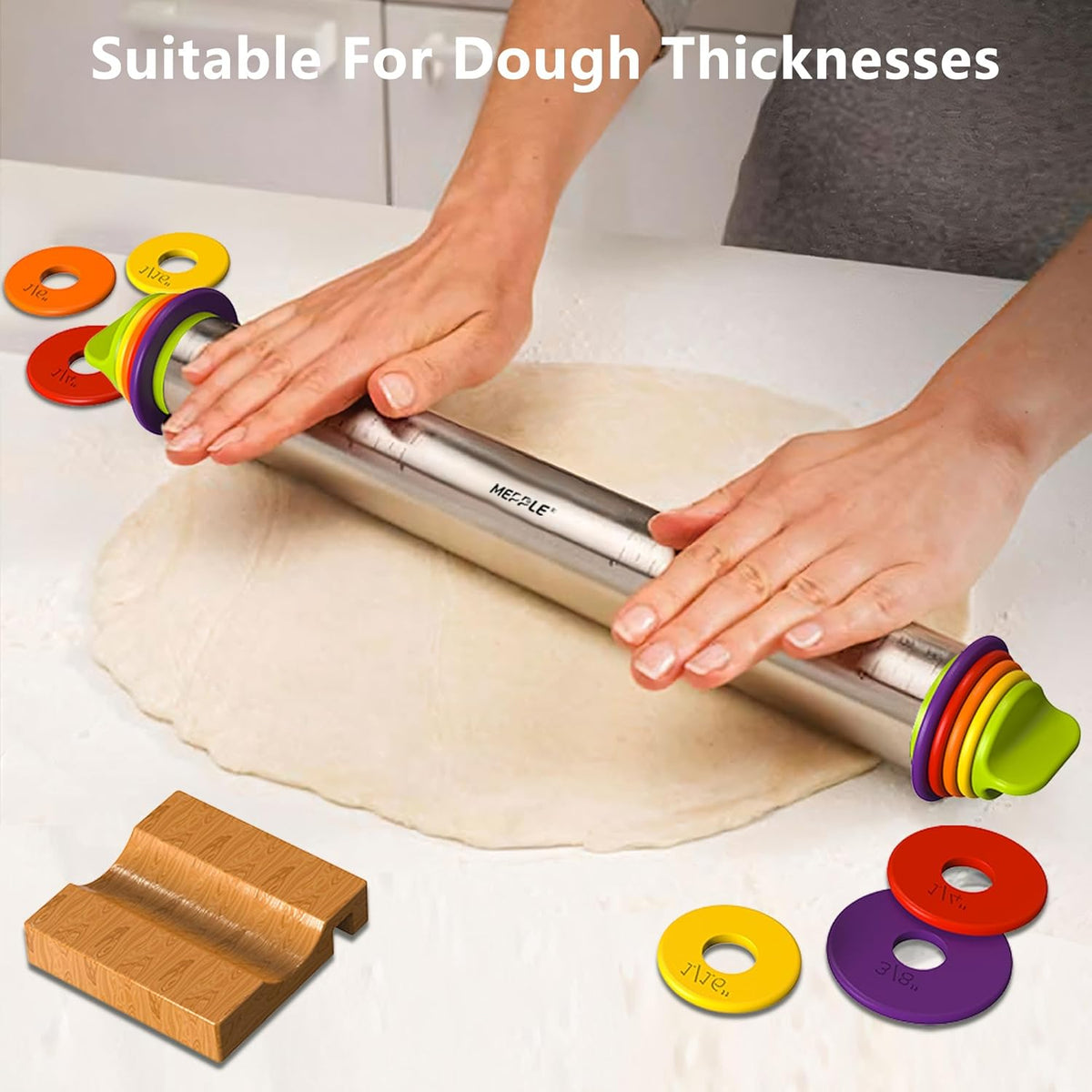 Stainless Steel Rolling Pin with Thickness Rings for Fondant, Pizza, Cookie, Pastry, Pie,Roller Rod for Dough Thickness,Rolling Pin for Baking, 13.6" with 4 Thickness Rings and Wooden Stand