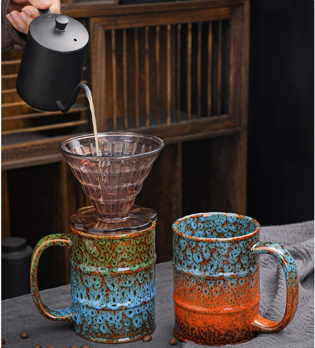 Ceramic 20 oz Tea Cup - Large Coffee Mug for Office and Home - Dishwasher and Microwave Safe (4, Green and Blue)