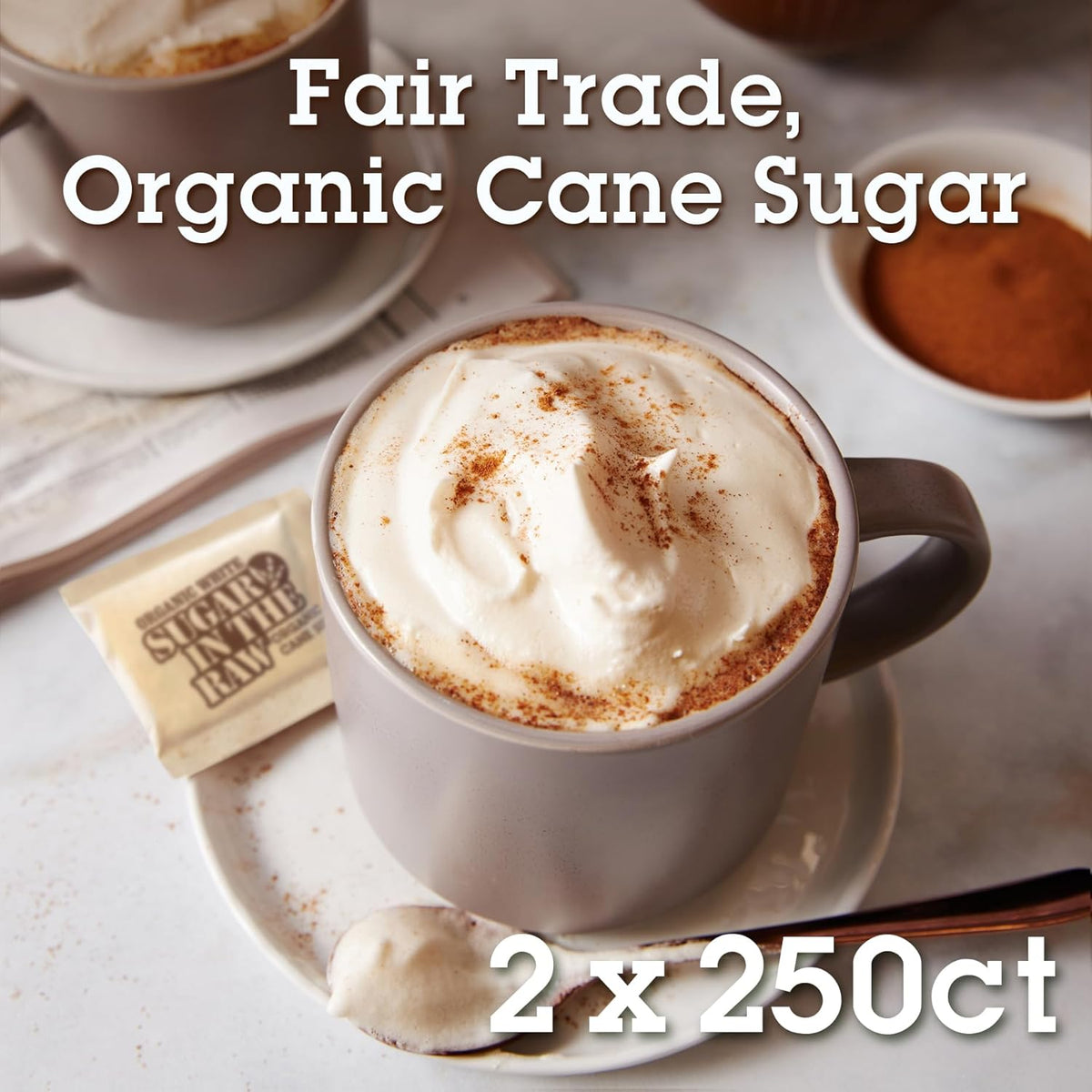 Sugar In The Raw Organic Granulated White Premium Cane Sugar, No Added Flavors or erythritol, Pure Natural Sweetener, Hot & Cold Drinks, Coffee, Tea, Vegan, Gluten-Free, Non-GMO, Bulk Sugar, 250 ct packets (2-Pack)