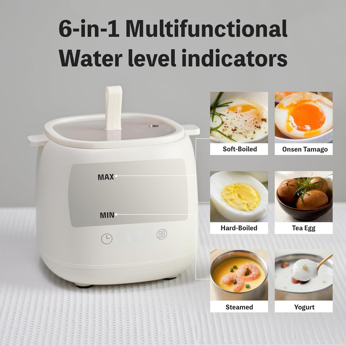Electric Egg Cooker 6-in-1 with Auto Shut Off, Egg Steamer for Soft/Hard Boiled Eggs, Onsen Tamago, Tea Eggs, Custard, Yogurt Maker (BPA-Free Stainless Steel, Compact for Dorm/Keto Kitchen)