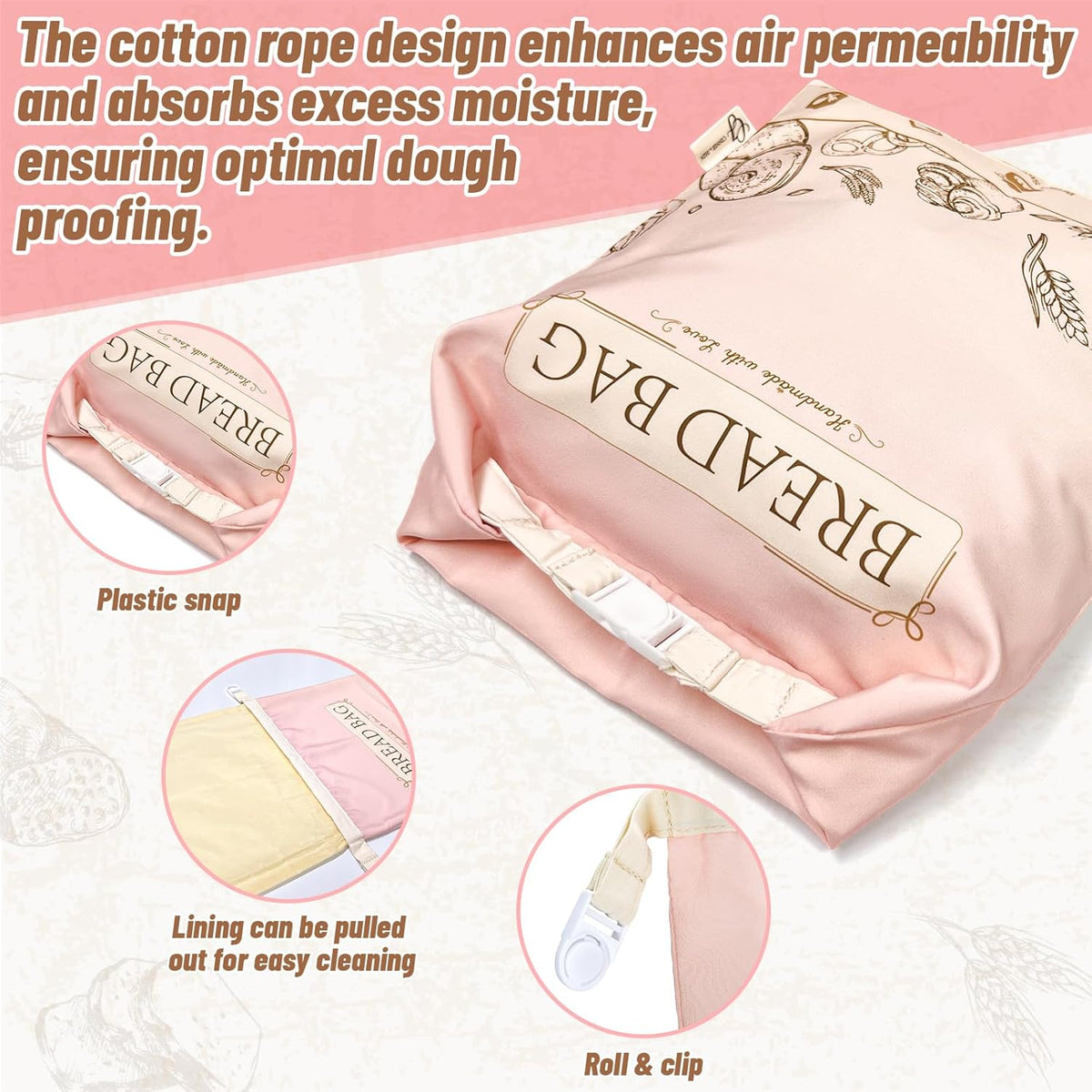 Pink Reusable Beeswax Bread Bag, 2 Pack, 13”x17” XL Cotton Fabric Bread Storage Solution, Eco-Friendly & Freezer Safe, Keep Breads Fresh Longer, Gift idea for women