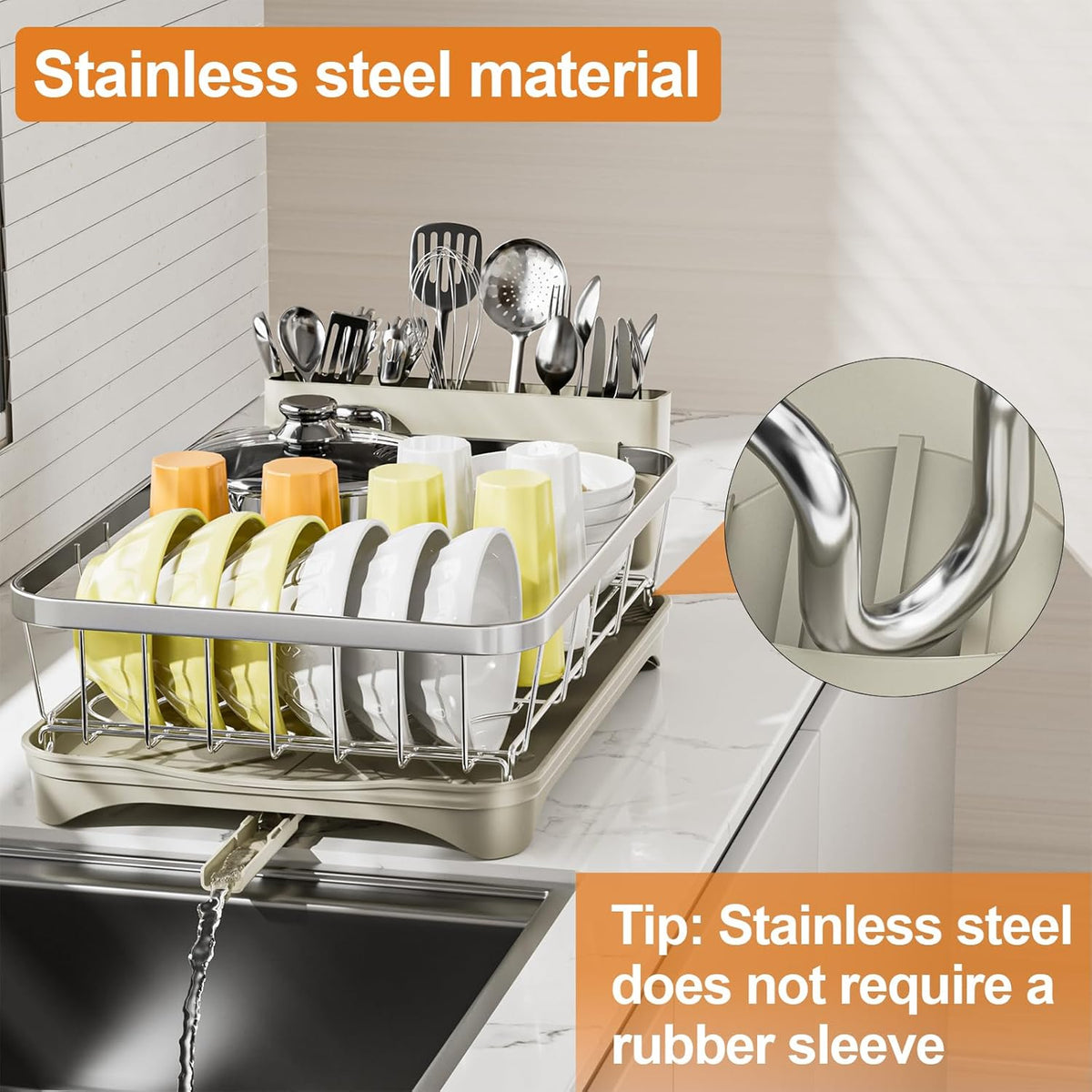 Stainless Steel Dish Drying Rack – 304 Grade Dish Racks for Kitchen Counter with Utensil Holder & Adjustable Spout, Space-Saving Organizer, 16.5" x 11.8" x 5.3" Grey