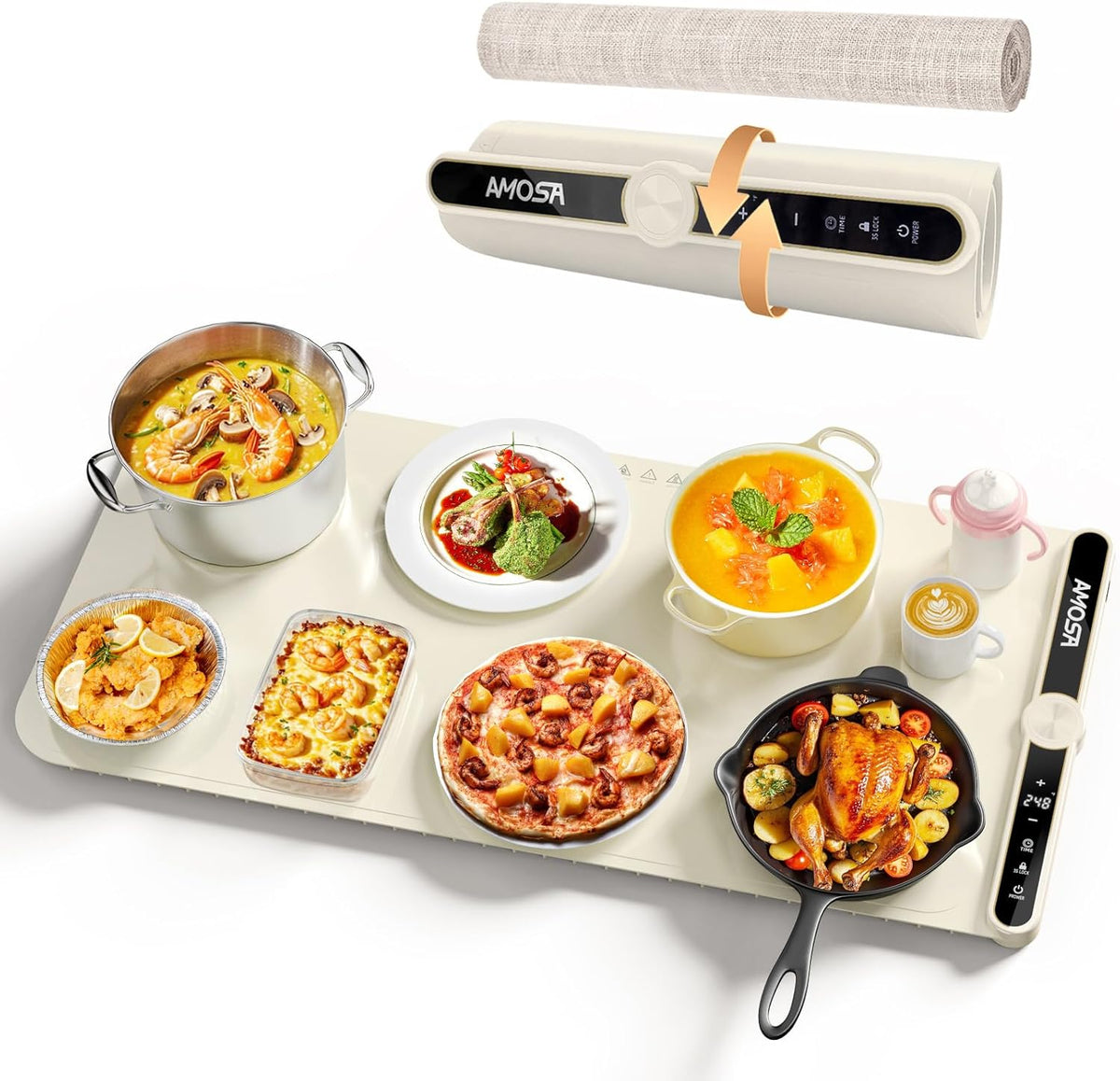 Warming Mat for Food, Fast Heating Electric Food Warmer with 9 Level Temperature and 6 Hours Timer, Extra Large Roll Up Silicone Food Warming Mat, Portable Warming Trays for Buffets Party (Yellow)