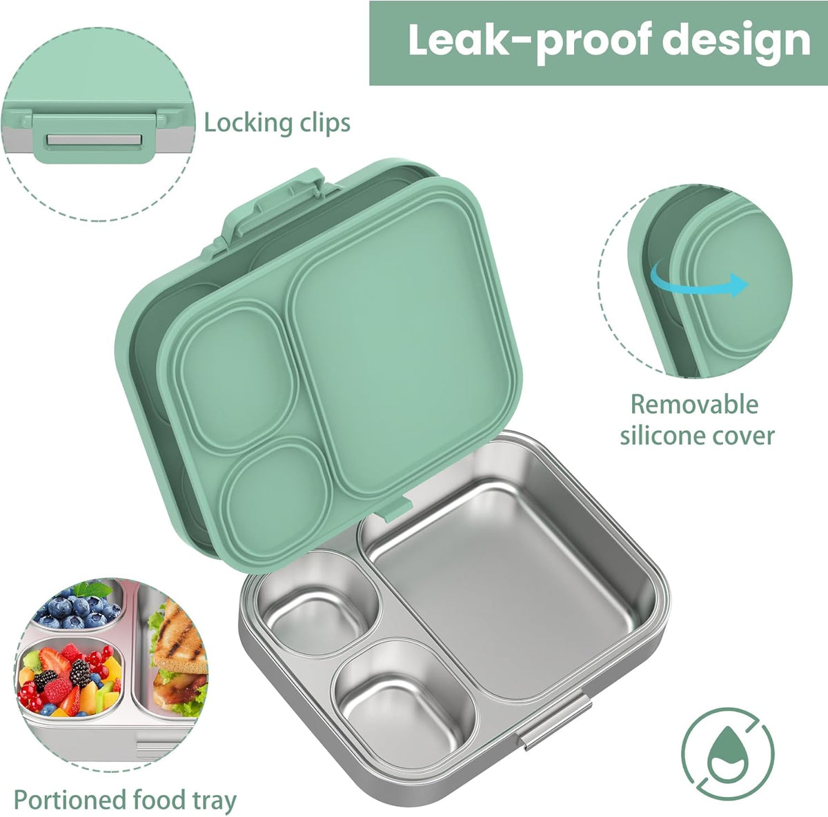 Stainless Steel Bento Lunch Box for Kids | 3-Compartment Lunch Box Container Kids | 100% Leakproof, Dishwasher-Safe, Eco-Friendly, Perfect Portion Control for Kids&Adult Healthy Meals (Green)