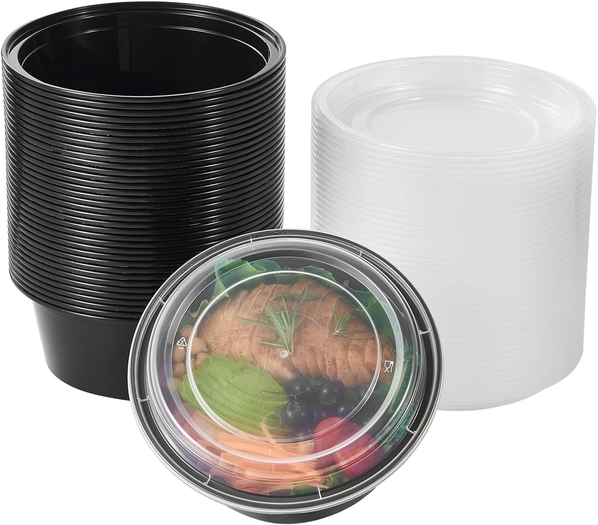 FULING 38 oz 150 ct Round Meal Prep Containers with Lids Plastic Food Storage To Go Lunch Plan Box Disposable Take Out Bowls Black BPA Free Reusable Durable Stackable Microwave Freezer Dishwasher Safe