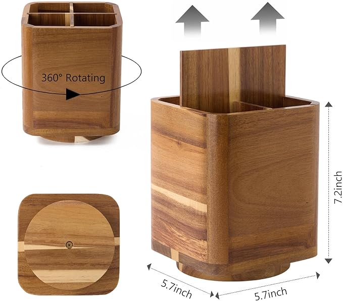 Wood Utensil Holder for Kitchen Counter, 360° Rotating Kitchen Utensil Holder, 7.2"x 6" Large Acacia Cooking Utensil Crock for Countertop (SQUARE)