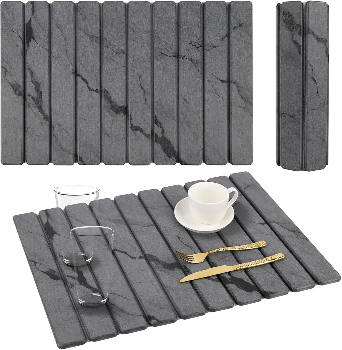 Stone Dish Drying Mat for Kitchen Counter, 24''×15'' Dark Grey Marble Dishes Drying Matt Kitchen Counter, Absorbent Diatomaceous Earth Bath Quick Dry Mats for Tableware, Bottles and Cup