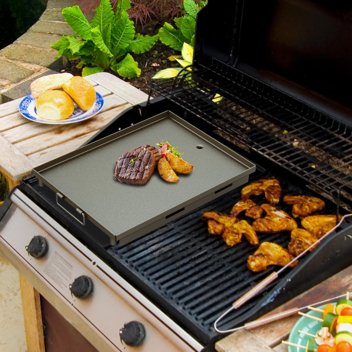 17.92" x 13.77” Flat Top Griddle for Outdoor Cooking – Durable Cast Iron Griddle for Stovetops – Premium Heavy Duty Stovetop Griddle Plate for BBQ Gas Grill - Black