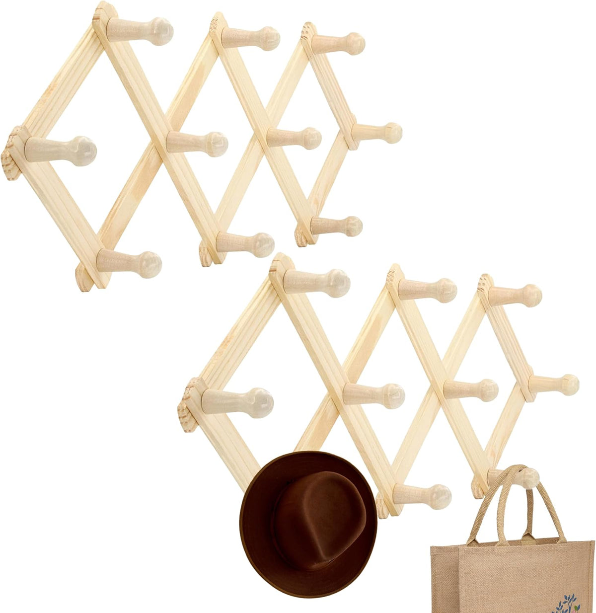 RAM-PRO Accordion Style Wood Expandable Rack Hat, Cap, Belt, Umbrella Coffee Mug Wall wooden Pegs (Set of 2)