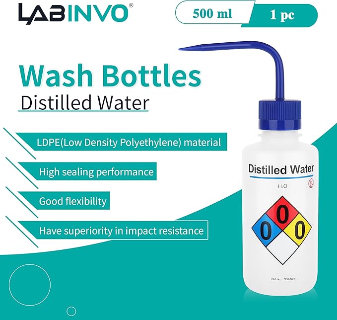 Distilled Water Wash Bottles, 1 PC of Vol.500ml (17oz), Narrow Mouth, Self-Venting Safety Wash Bottles, LDPE Material,IN-WBD501