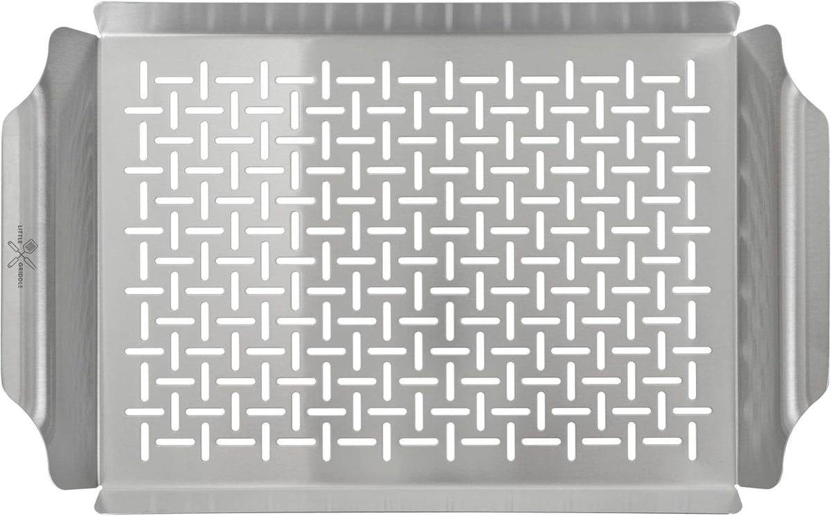 LITTLE GRIDDLE GT-525 Grill Pan and Grill Basket Set, High Sidewalls with Built-in Handles, Stainless Steel & Vented Design - Silver