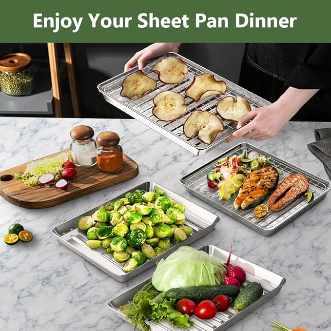 ROTTAY Small Baking Sheet Pan with Wire Rack Set [2 Pans + 2 Racks], 1/8 Stainless Steel Cookie Sheets for Oven, Warp Resistant & Heavy Duty & Rust Free, Size 9 x 7 x 1 Inches