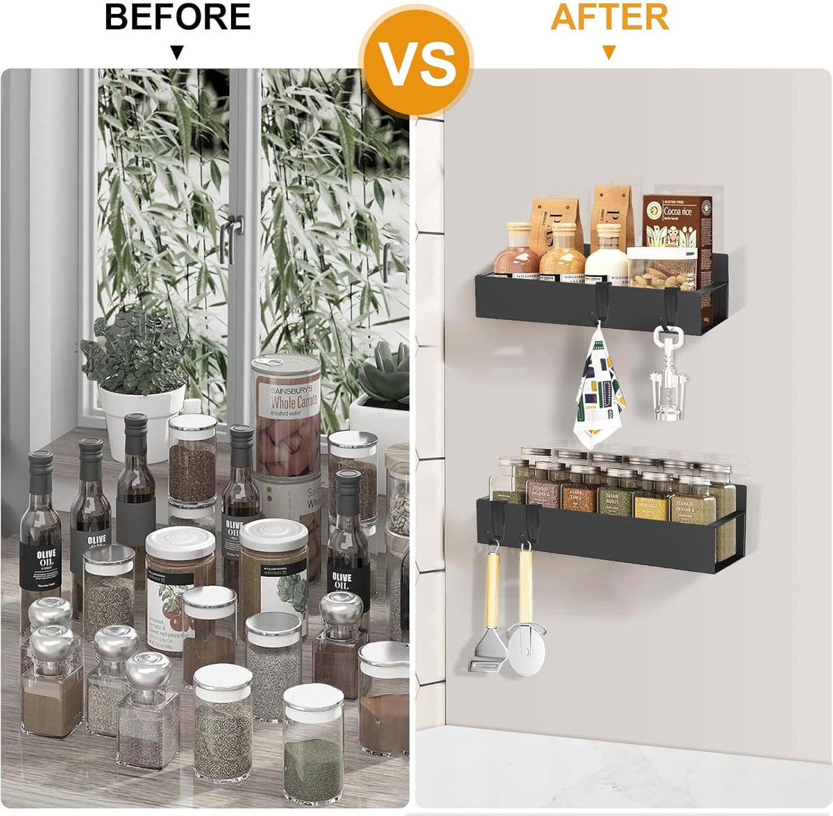 2 Pack Magnetic Spice Rack for Refrigerator,Metal Magnetic Shelf Black with 2 Jars,1 Label,4 Hooks,Space Saving for Home,Kitchen