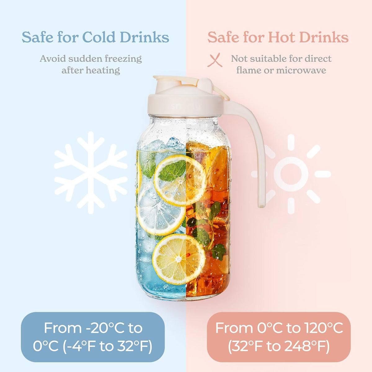 SMIRLY 64 oz Mason Jar Pitcher,Glass Pitcher with Wide Mouth,Water Jug with Double Leak Proof Lid for Iced Coffee,Hot Water,Breast Milk