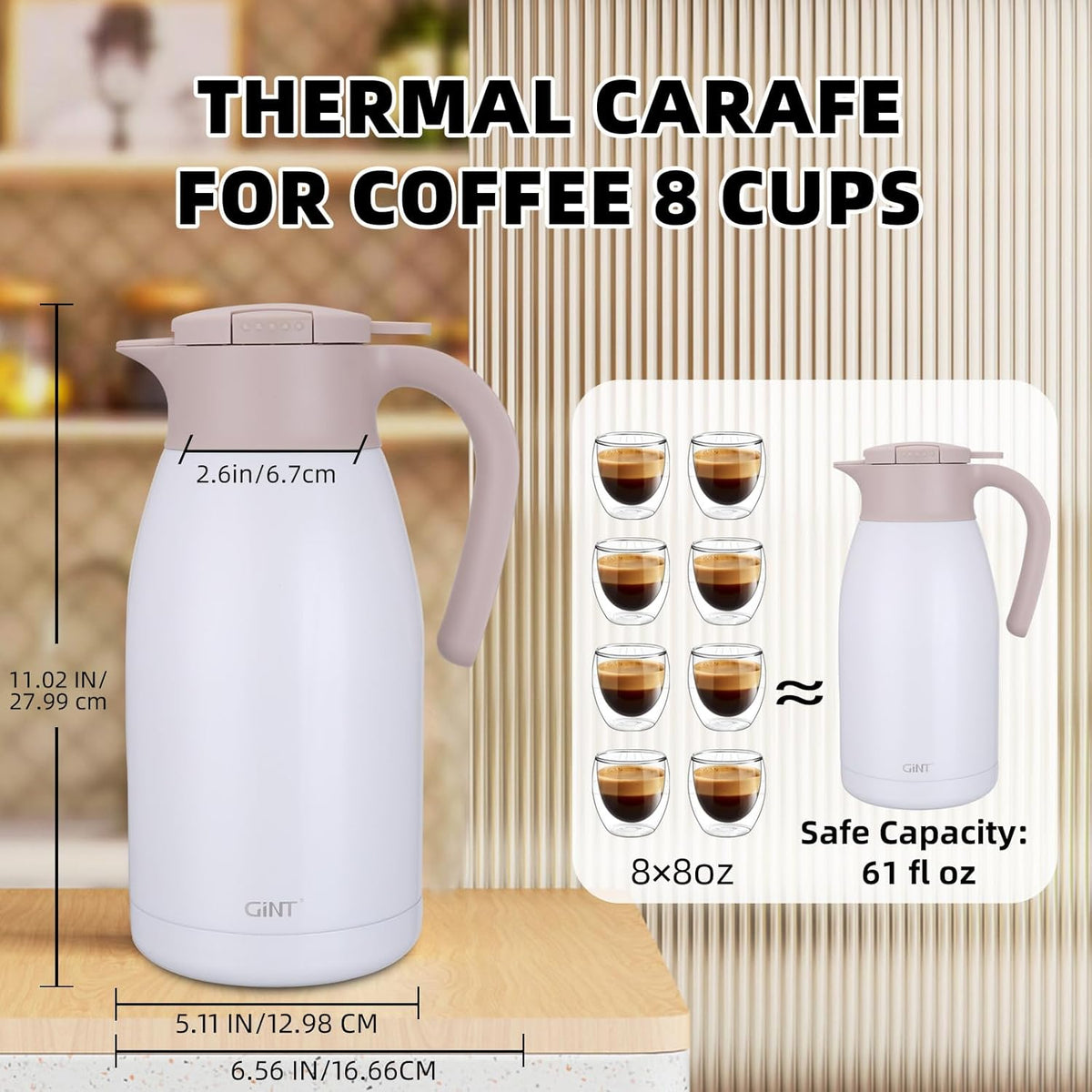 GiNT 1.9L / 64Oz Thermal Coffee Carafe, Insulated Stainless Steel Coffee Carafes for Keeping Hot/Double Walled Vacuum Thermal Carafe (White)