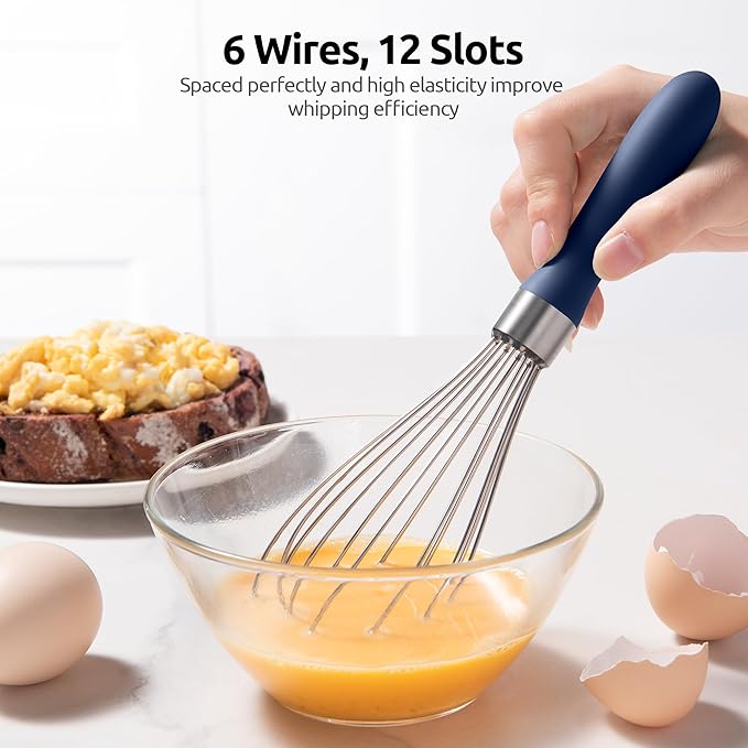 U-Taste 9" Small Egg Whisk: 18/10 Stainless Steel Kitchen Cooking Wire Balloon Wisk, Heavy Duty Metal Beater Stirrer, Manual Baking Tool with 6 Flex Wires for Mixing, Blending Sauce (Midnight Blue)