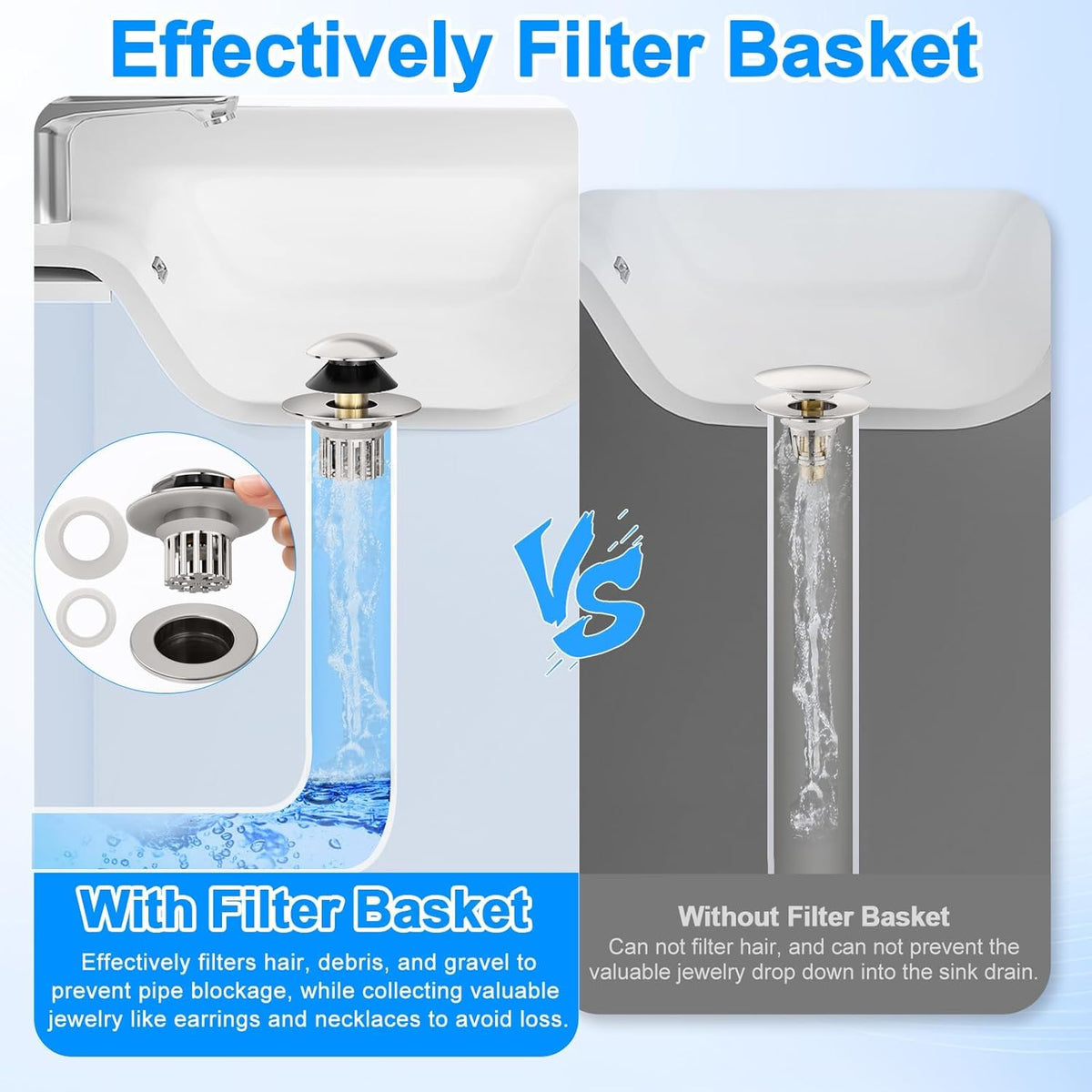 Universal 4 in 1 Bathroom Sink Drain Strainer with Removable Filter Basket, Pop Up Pure Copper Bathroom Sink Stopper, Anti-Clogging Bathroom Drain Stopper Sink Plug (Brushed Nickel)