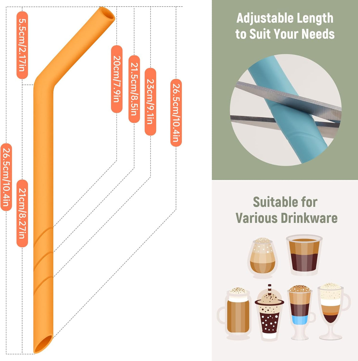 NiHome 6PCS Extra Wide Reusable Bent Silicone Straws for Boba, Smoothies, Bubble Tea, Eco-Friendly Bent Straws for Thick Drinks, Child-Safe, Customizable Length, 2 Brushes Easy Cleaning (Deep Rainbow)