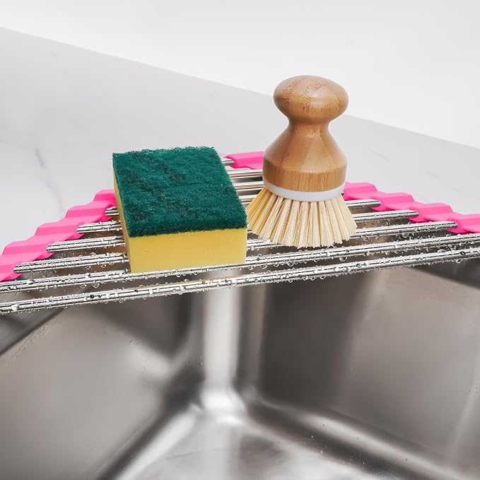 Tomorotec Triangle Roll-Up Dish Drying Rack for Sink Corner - Small, Foldable, Stainless Steel, Multipurpose Kitchen Drainer Caddy, Trivet, Rustproof Organizer, Storage Shelf (Rose)