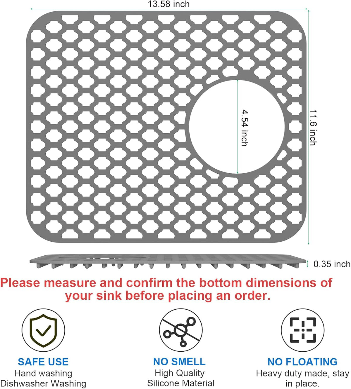 TOOVEM Kitchen Sink Mats, 2PCS Non-Slip Heat Resistant Silicone Sink Protector Mat, Folding Farmhouse Rear Drain Sink Mats, Side Drain, Grey