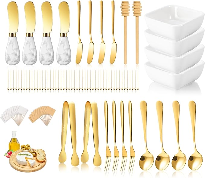 Charcuterie Board Accessories With 3 Oz Ceramic Dip Bowls, Ceramics Handle Gold Cheese Spreader Butter Knive Set Kit, Mini Tongs, Spoons, Forks,Honey Dipper, Cocktail Picks