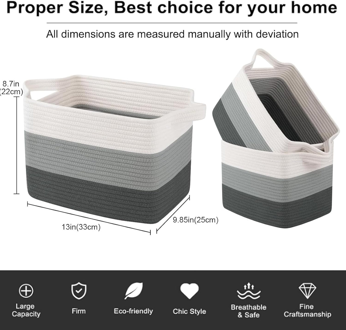 OIAHOMY Storage Basket, Woven Baskets for Storage, Cotton Rope Basket for toys,Towel Baskets for Bathroom - Pack of 3, Gradient Dark Gray